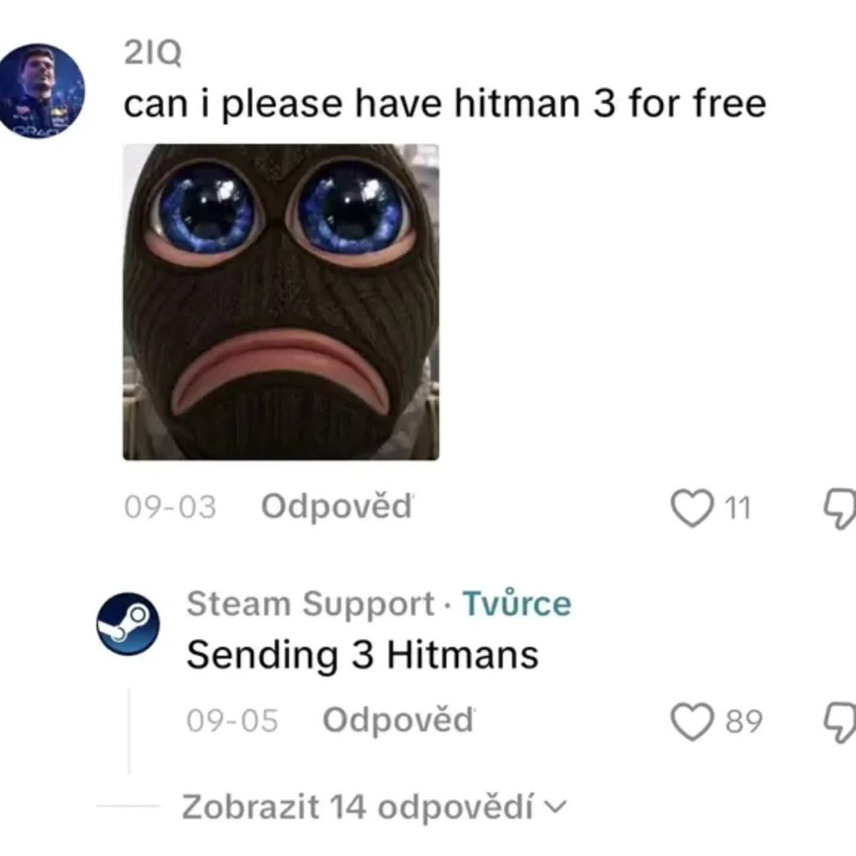 A Steam support exchange: a request for a free Hitman game gets an unexpectedly literal reply.